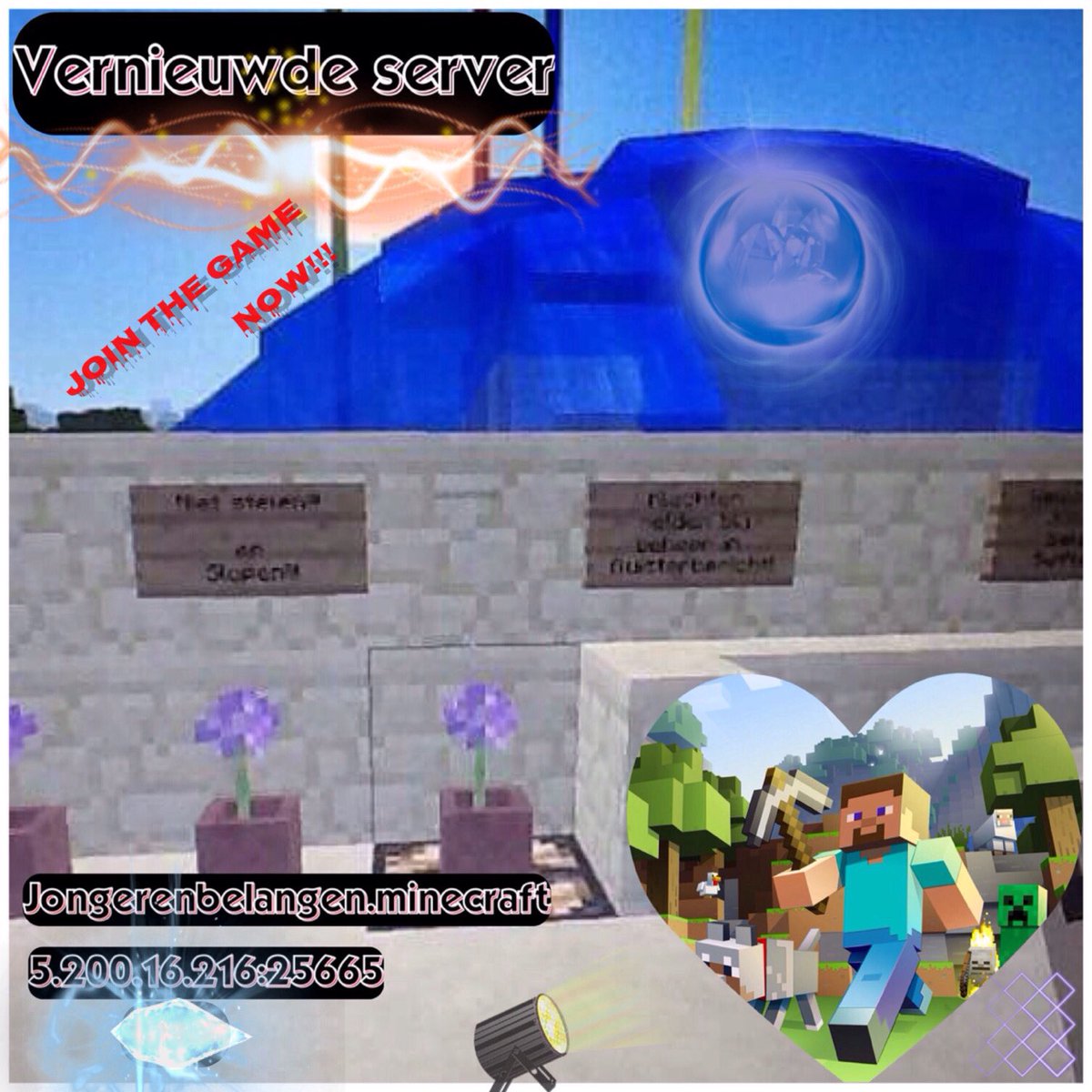 Jongeren belangen heeft eigen minecraft gameserver! versie 1.12!
servernaam : jongerenbelangen.minecraft
ip : 5.200.16.216:25665
