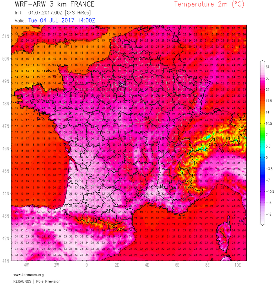 KeraunosObs's tweet photo. La #chaleur progresse par le sud-ouest ce mardi et s'accentuera demain mercredi avec localement 36 à 37°C en #Aquitaine. https://t.co/bn1eBjX65B