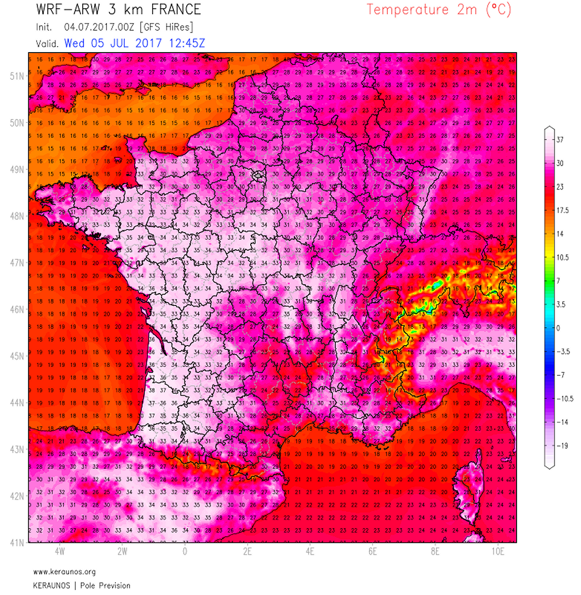 KeraunosObs's tweet photo. La #chaleur progresse par le sud-ouest ce mardi et s'accentuera demain mercredi avec localement 36 à 37°C en #Aquitaine. https://t.co/bn1eBjX65B