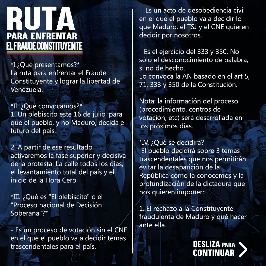 FreddyGuevaraC's tweet photo. Sobre plebiscito convocado por @unidadvenezuela para el #16J y ruta para enfrentar al fraude Constituyente. Dale RT y difunde. https://t.co/1QXGZvCgwF