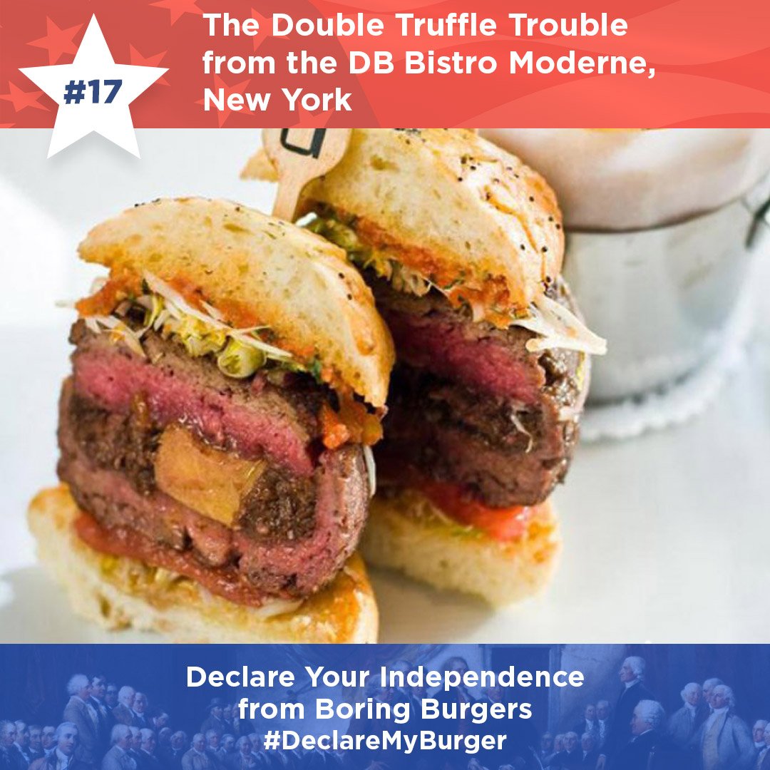 At #17 in our #July4th Burger Countdown: this prime rib burger stuffed w/ foie gras, wine-braised short ribs, veggies &amp; black truffle.