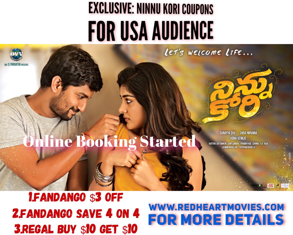 #NinnuKori USA ONLINE BOOKING STARTED...coupons/Schedules @ redheartmovies.com 500 Overseas Premiers ONTIME <a href="/NameisNani/">Nani</a> <a href="/AadhiOfficial/">Aadhi🎭</a>