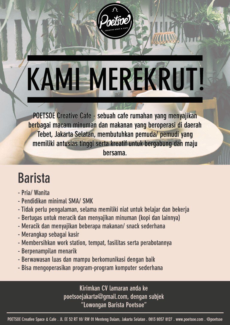 Lowongan Barista - Poetsoe Creative Space &amp; Cafe ( Pancoran JKT Selatan)