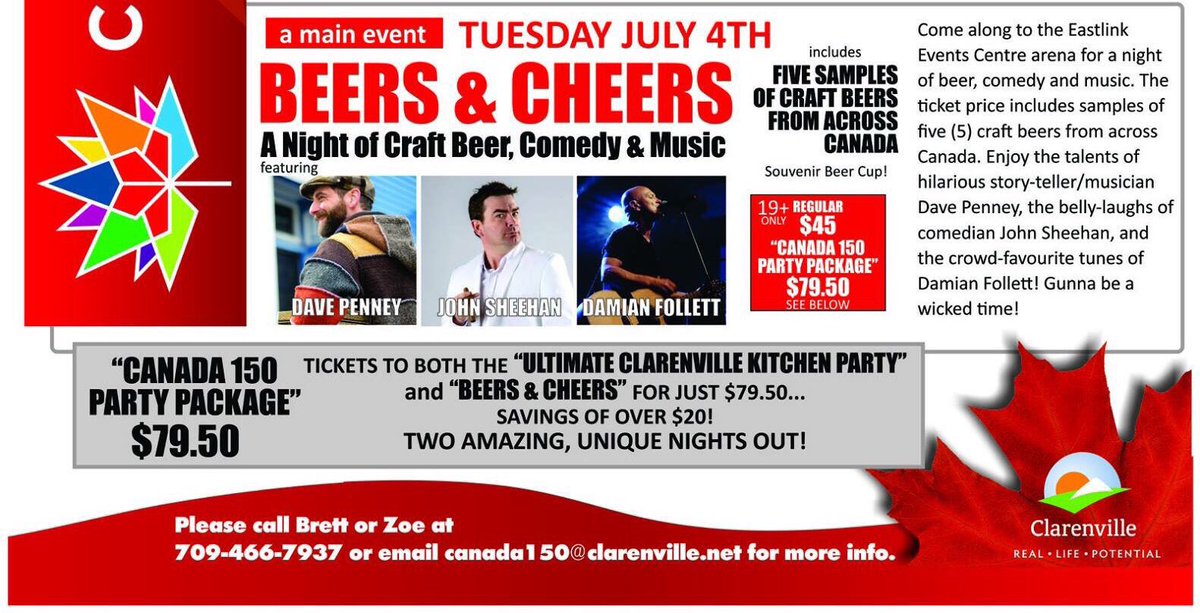 CvilleCan150's tweet photo. There's still time to get your tickets for Beers &amp; Cheers, but word is they're moving fast! Online &amp; @CEC_clarenville box office! #canada150 https://t.co/cDZaLsgXR0