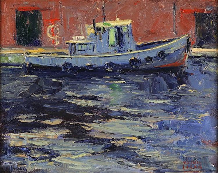 Happy 4th of July! We luv spotlighting lesser-known 20th century #AmericanArtists . 'San Francisco Tugboat' by Maurice Logan. #BayAreaSchool