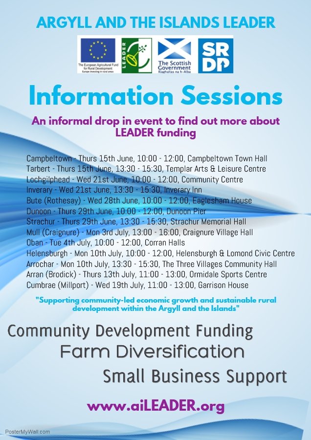 We are holding an Information Session today in Oban, Corran Halls! Drop in between 10-12 for more info on LEADER. <a href="/argyllandbute/">Argyll and Bute Council</a> <a href="/obantimes/">Oban Times</a>