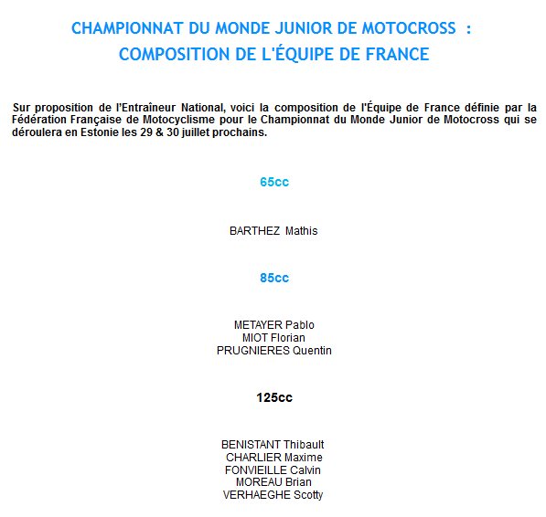 Voici la composition de notre Equipe de France pour le Championnat du Monde Junior de #motocross qui se déroulera en Estonie les 29-30/07/17