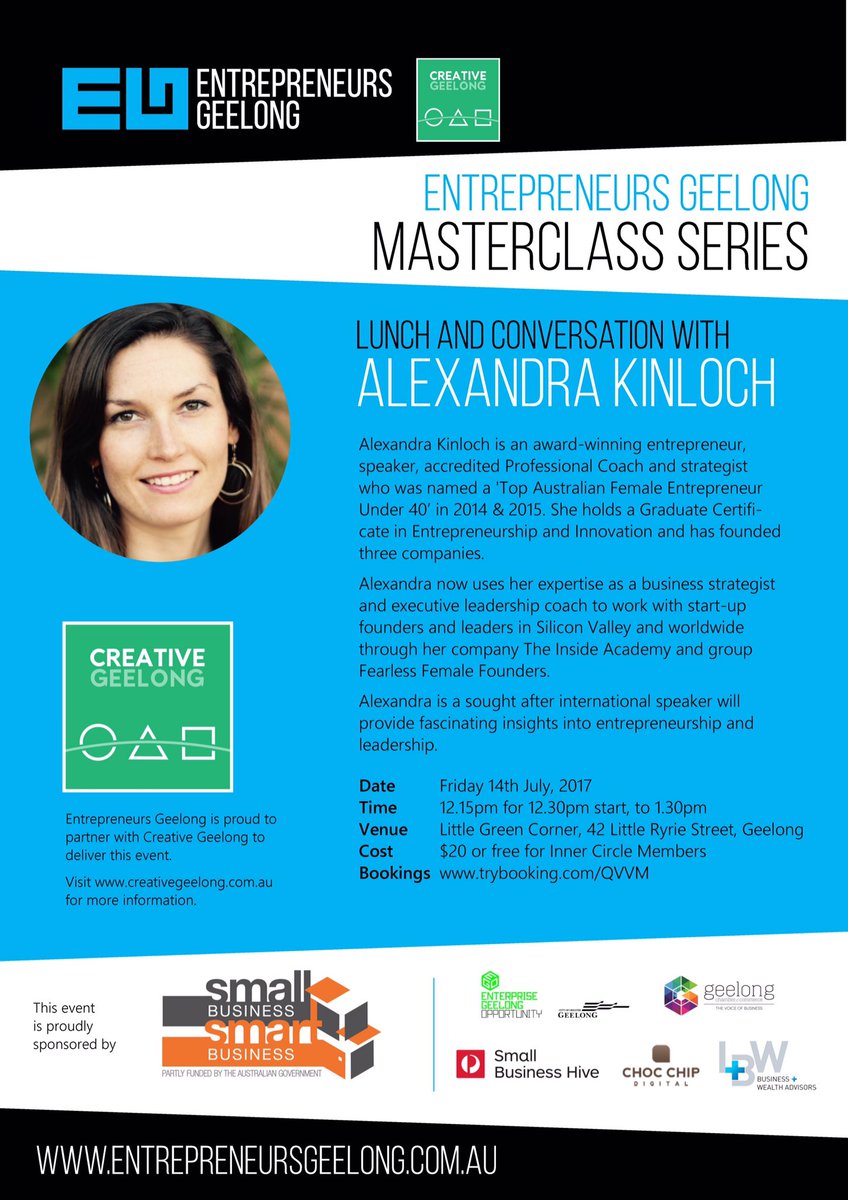 Let's celebrate awesome women in #startups &amp; join <a href="/GeelngEntrprnrs/">Entrepren'rs Geelong</a> <a href="/creativegeelong/">Creative Geelong</a> welcome <a href="/alkinloch/">Alexandra Kinloch</a> on 14 July #FearlessFemaleFounders