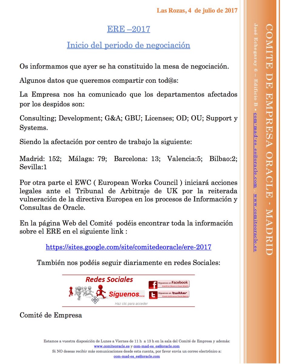 ComiteOracle's tweet image. COMUNICADO: ERE –2017 Inicio del periodo de negociación
#OracleERE2017 #ComiteOracle #NoMasDespidos