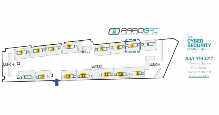 RapidGRC's tweet photo. #CyberSec17 here's a little treasure map to where you can find the team @RapidGRC ready, willing, able to talk about #RapidTrack #RapidTrain https://t.co/6rz6dLUQ1Q