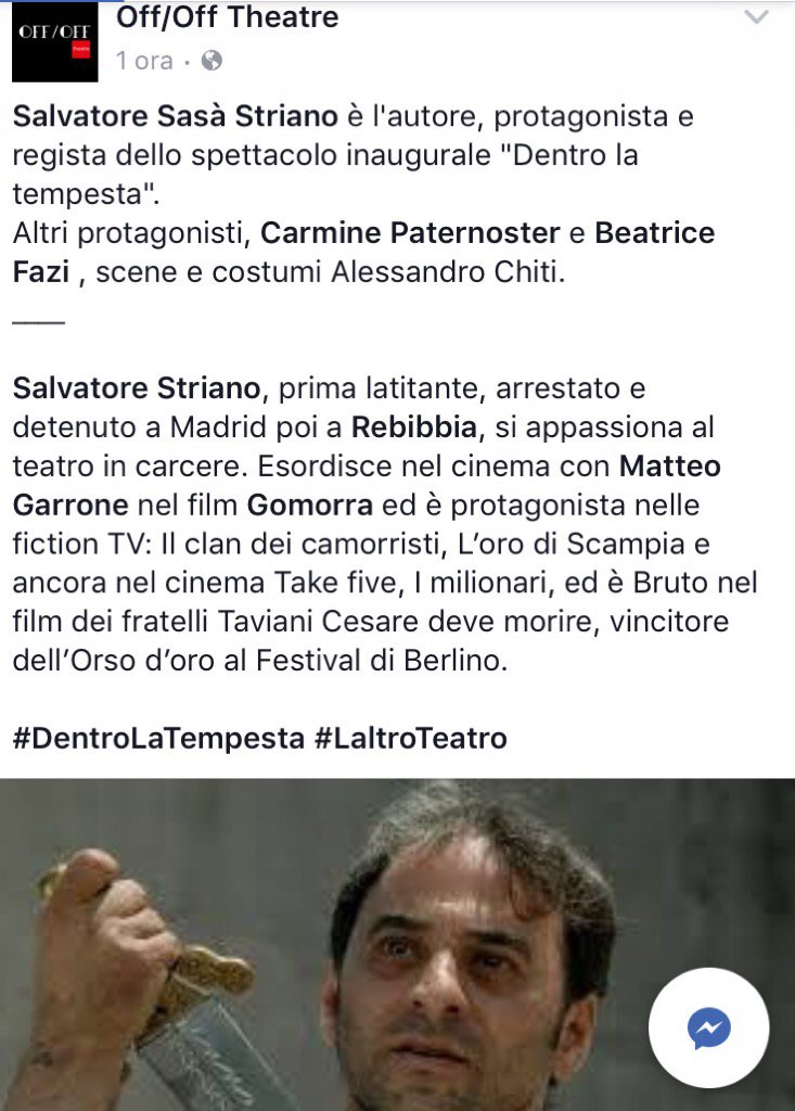 Salvatore Striano (@striano18) on Twitter photo #SalvatoreStriano regista dello spettacolo "Dentro la Tempesta" all' <a href="/OffOffTheatre/">Off/Off Theatre</a> a Roma dal 20 ottobre! #SalvatoreStriano regista dello spettacolo "Dentro la Tempesta" all' <a href="/OffOffTheatre/">Off/Off Theatre</a> a Roma dal 20 ottobre!