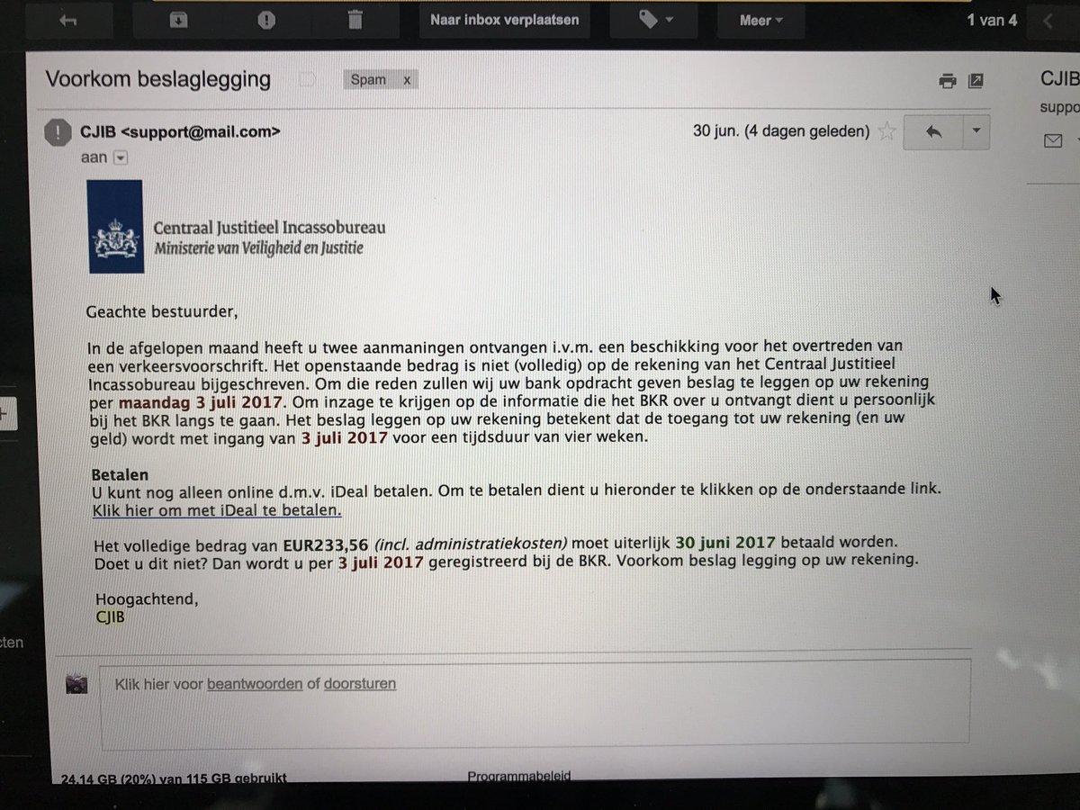 Naast alle fake #hoax waarschuwing wil ik iedereen toch even voor deze <a href="/CJIBnl/">Centraal Justitieel Incassobureau (CJIB)</a> phishing email waarschuwen.