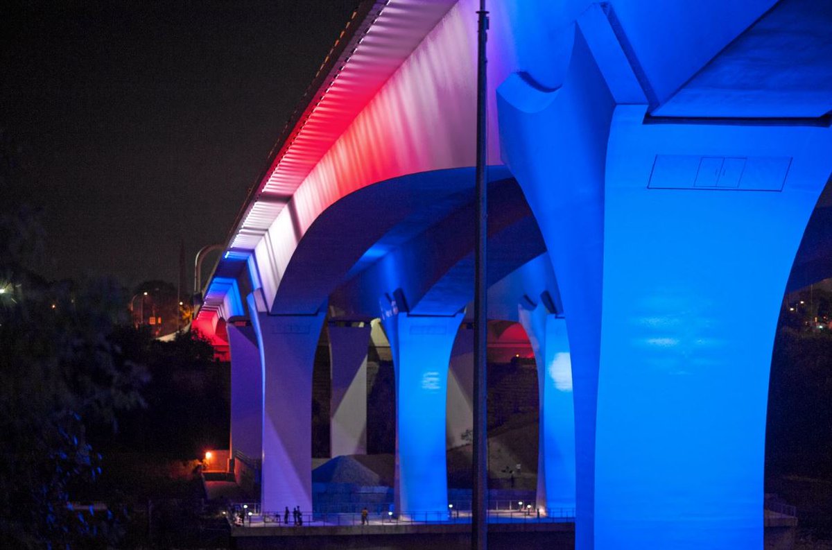 MnDOT's tweet photo. 🇺🇸Happy 4th of July, Minnesota! The St. Anthony Falls/I-35W bridge in Minneapolis will glow red, white and blue tonight. https://t.co/Jup4hXulR8