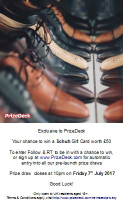prizedeck's tweet photo. A great #Schuh #giveaway!
Follow &amp; RT to enter for a chance to WIN a £50 Schuh Gift Card!
Ends 10PM Fri 07.07.2017 - See Terms https://t.co/D5b56s9iD9