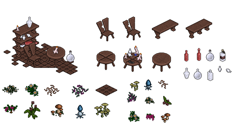 Witch furniture with several ingredients and glass phials 🍸☠️ #Habbo