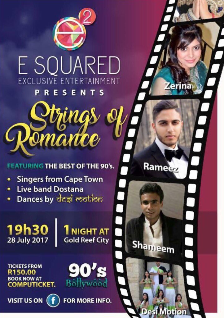 RiyaazSafi's tweet photo. #StringsofRomance is a #Bollywood tribute to the 90s. One night only @GoldReefCitySA tickets available via @Computicket https://t.co/Xfz0QgieNZ