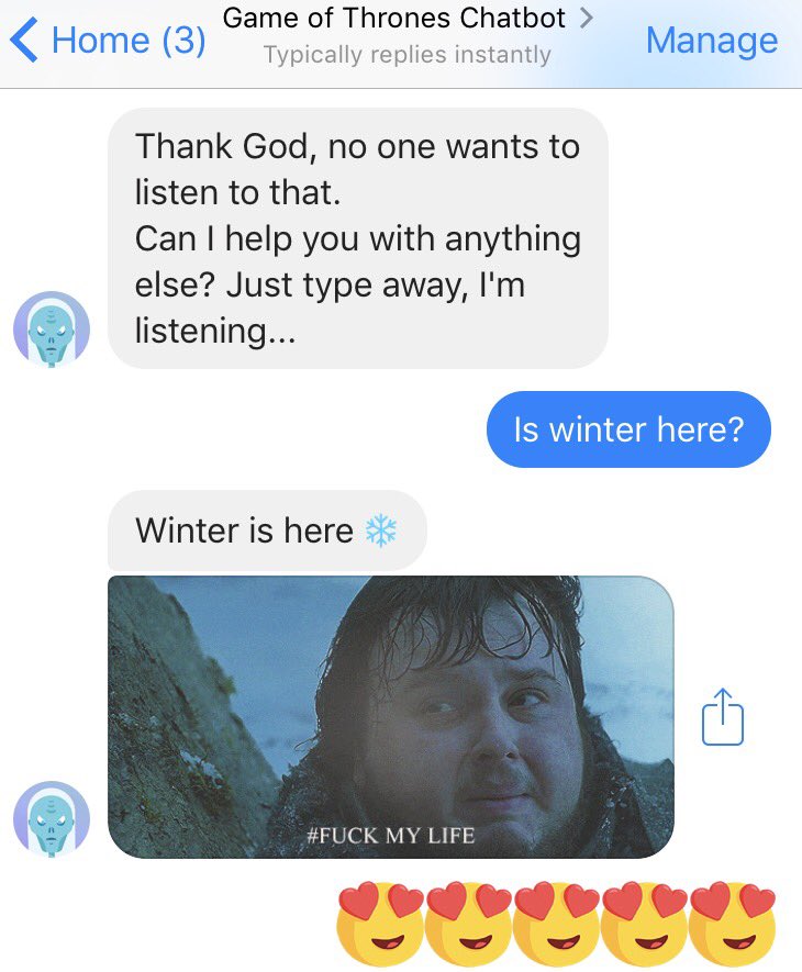 FannyFolye's tweet image. I&apos;m having so much fun with @GameOfThrones chatbot #GoTBot #WinterIsHere