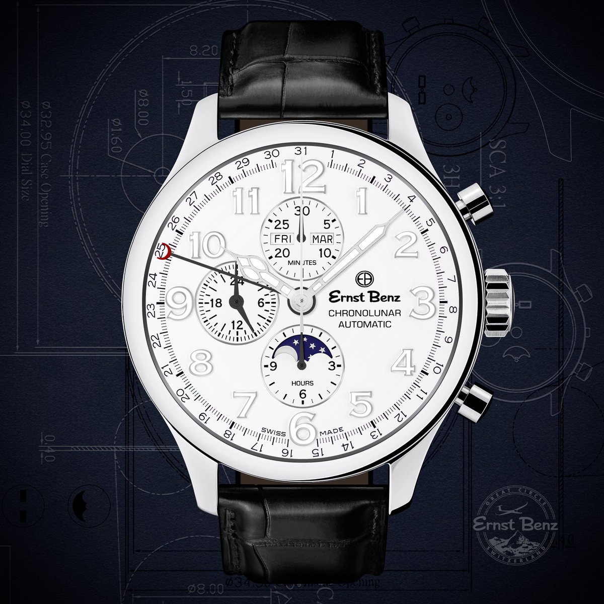 ErnstBenz's tweet photo. #ErnstBenz GC10384 #47mm #ChronoLunar Officer 🌘 Also now available in #44mm #TimepieceTuesday #GreatCircle 🌐 https://t.co/4pJjGLRLeT https://t.co/Vl9LTH0LG2