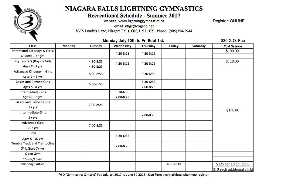 Our Summer Rec classes still have available spots starting July 10th! Check out our schedule below and register at lightninggymnastics.ca ⚡️