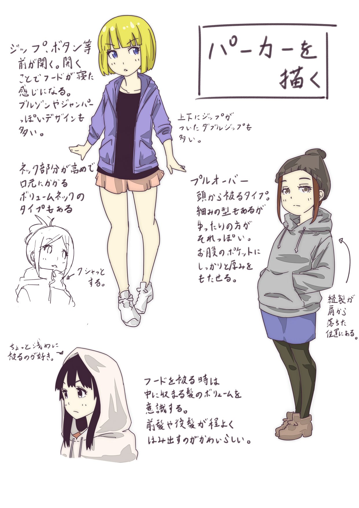 プロ監修 イラスト講座 パーカーの描き方 フードの位置で描き方が変わるので 気を付けましょう プロ監修 イラスト講座 パーカーの描き方 フードの位置で描き方が変わるので 気を付けましょう