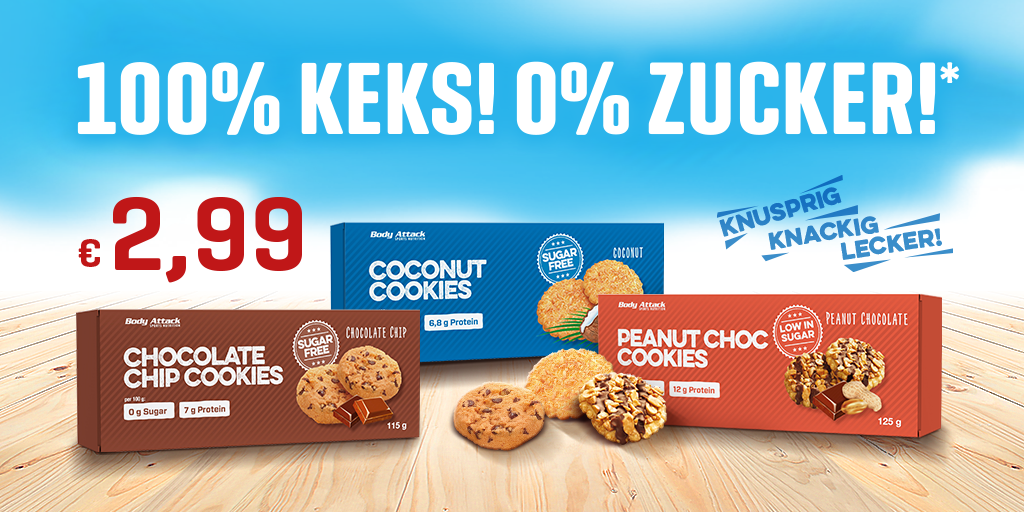 Die neuen Cookies sind da! Mit extra wenig Zucker und bis zu 12g Protein! 👍 Jetzt In den Sorten Chocolate, Peanut, und Coconut verfügbar. 😋