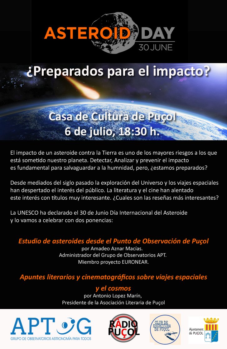 RadioPucol's tweet photo. Esteu preparats per a l'impacte? Aplega el Dia de l'Asteroide a Puçol. El dia 6 de juliol, en la Casa de Cultura (18:30h) https://t.co/7aCNod5jrK