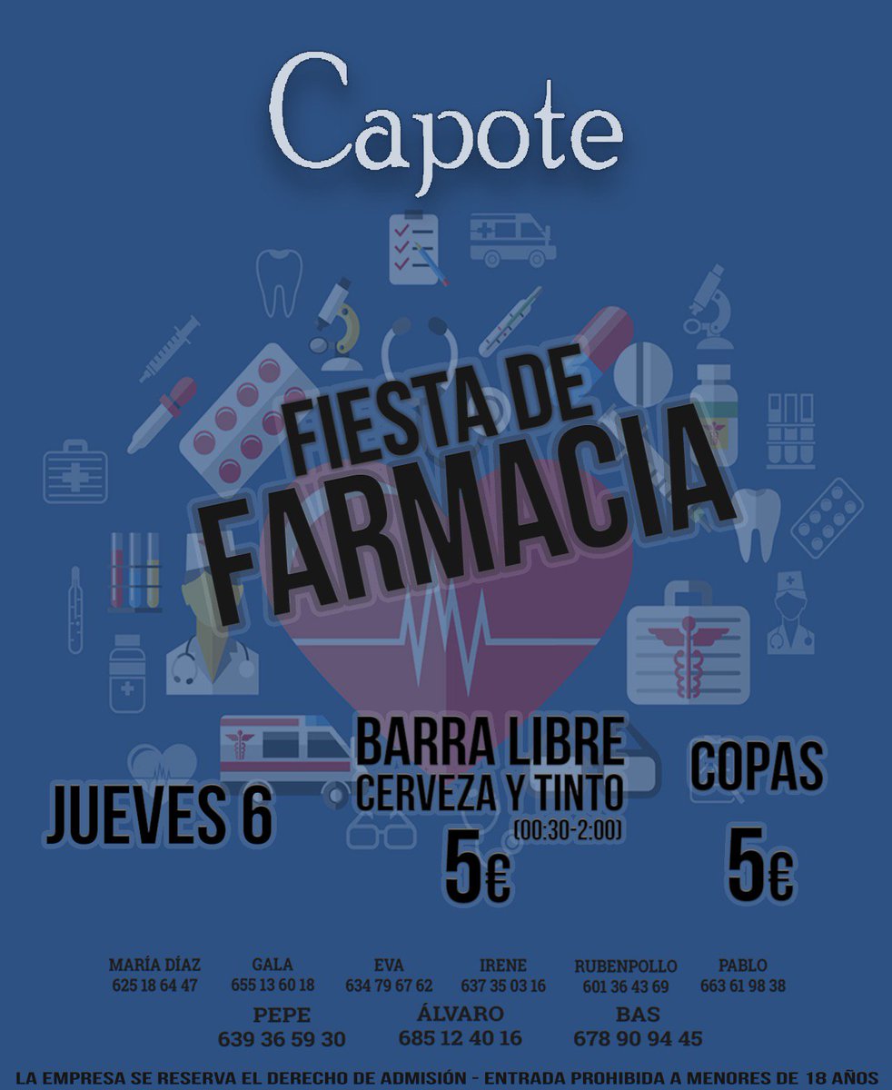 El jueves en Capote no te puedes perder la gran fiesta de Farmacia, con barra libre de cerveza y tinto por 5€, consigue ya tu entrada!!!