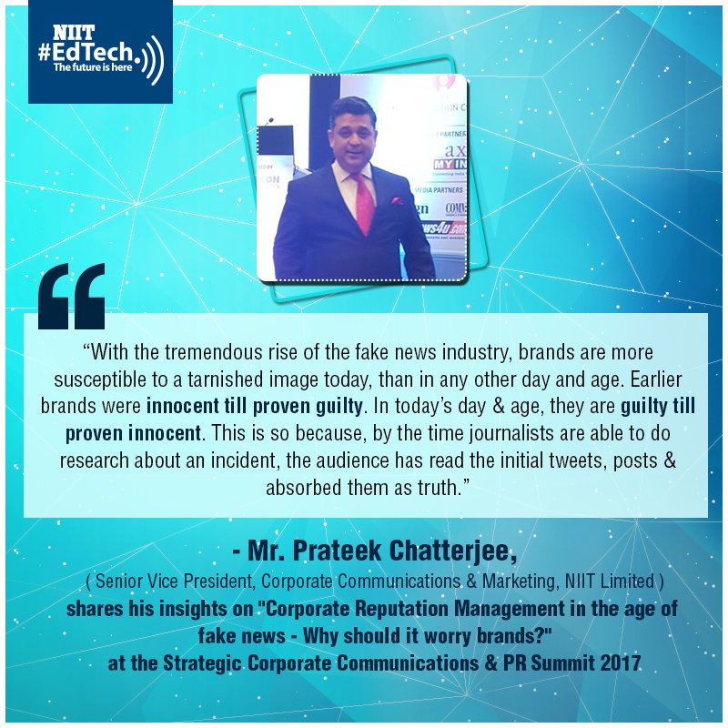 NIITLtd's tweet photo. @prateekchat addressing the session on "Corporate Reputation Management in the age of fake news-Why should it worry brands?" #StratComm2017 https://t.co/g2dOXoNTYs