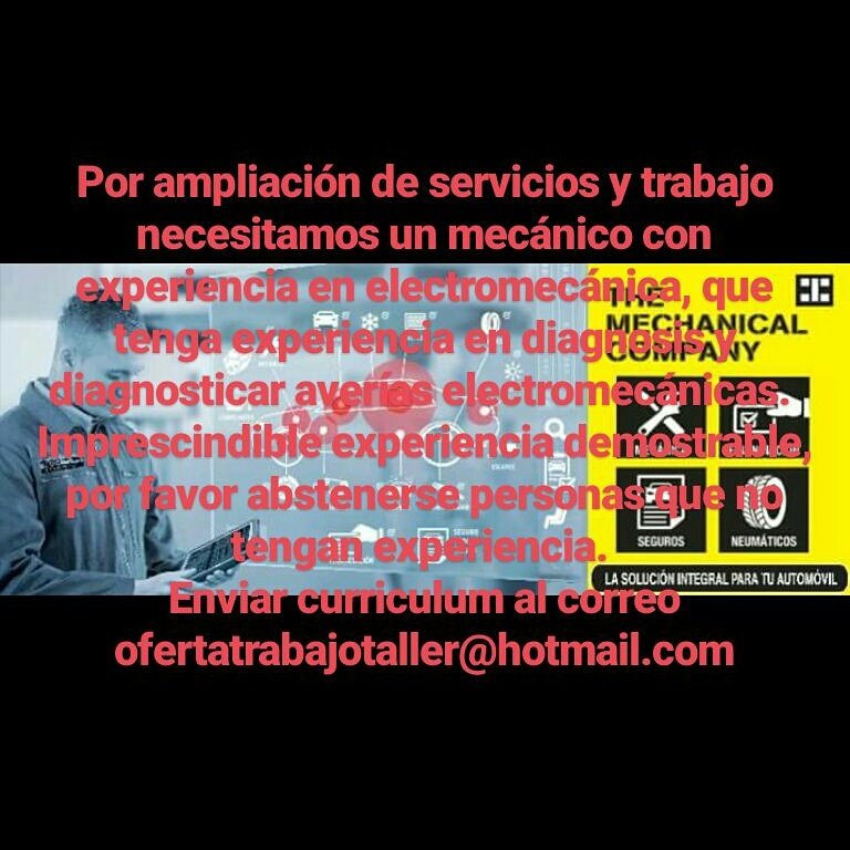 NeumaticosNGM's tweet photo. Quieres formar parte de nuestro equipo!! IMPORTANTE Imprescindible experiencia en electromecánica!! #MUCHOMASQUERUEDAS #NEUMATICOSNGM https://t.co/i1IXnrmvfr