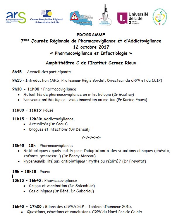 CRPV_Lille's tweet photo. Notre journée annuelle de #pharmacovigilance sur l'INFECTIOLOGIE aura lieu le 12 octobre 2017  - Programme ⬇️ https://t.co/MxpGOF4w0k