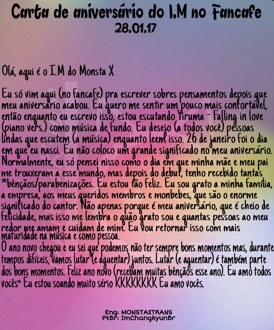 ImChangkyunBr's tweet photo. 📝🐺[28.01.17 ♡ #Tradução]
✉Carta postada pelo I.M no fancafe em comemoração ao seu aniversário✉
#아이엠 #창균 #IM #0126IM데이#ChangkyunDay x #IM_Day https://t.co/pPvPV0HfzY