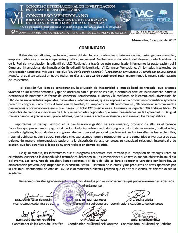 Atención: se posterga el I Congreso Internacional de Investigación Estudiantil Universitaria de la <a href="/RedieLUZ/">RedieLUZ</a>