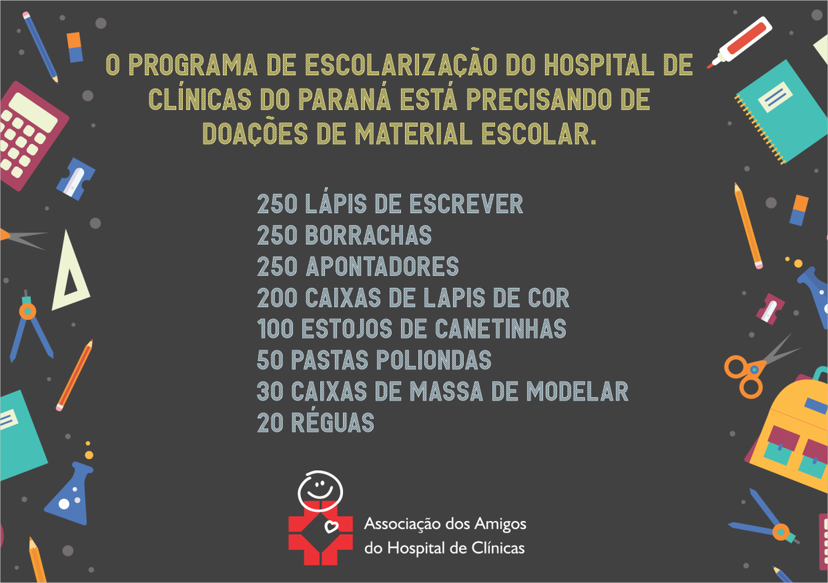 AmigosdoHC's tweet photo. Doe materiais escolares para o Hospital de Clínicas e ajude o setor de escolarização! https://t.co/aVAYPjwj5u