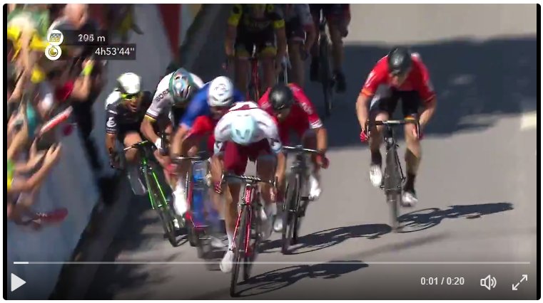 vittok's tweet photo. totally unfair disqualifying Peter @petosagan 
It is apparent Mark Cavendish was not in contact. #TourdeFrance #sagan https://t.co/t6jx86hNDL
