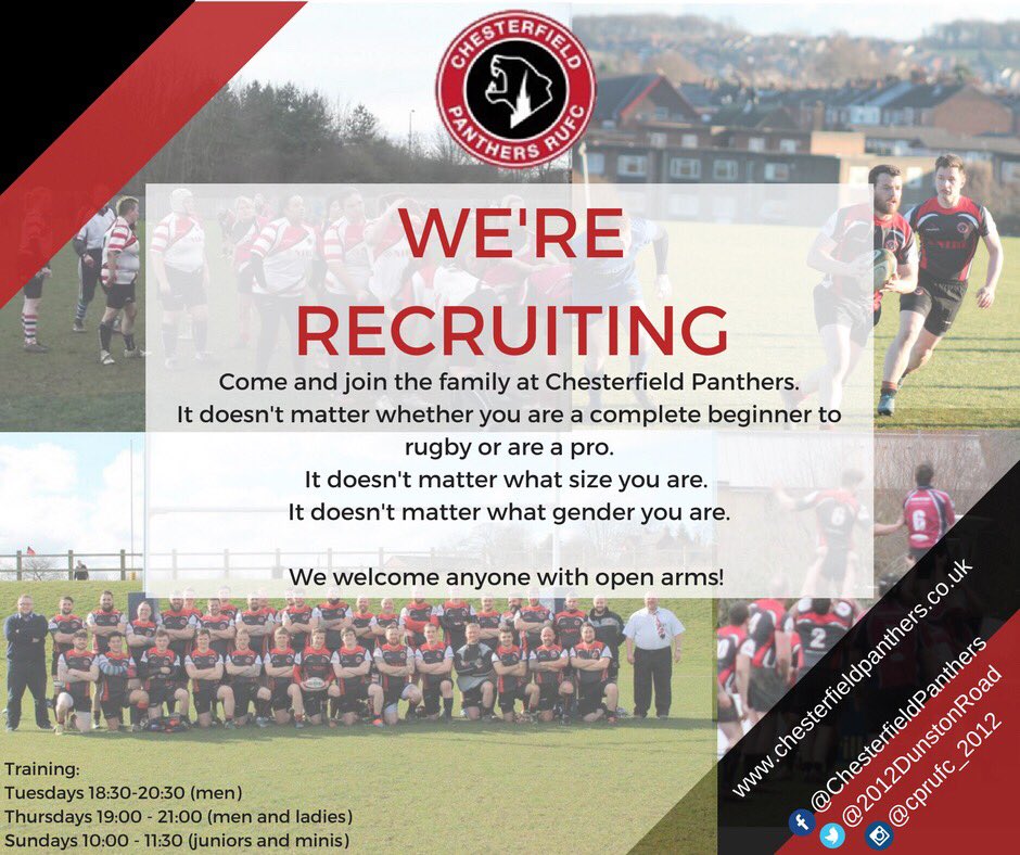 Chesterfield Panthers RUFC are looking for new players for this new season!!

In the Derbyshire area? looking for a new club? get in touch!!