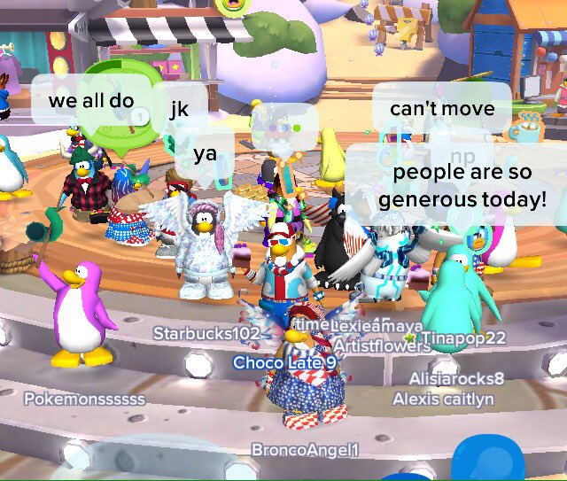 Choco_Late9CP's tweet image. Many pengs helping with the daily challenges today..sharing cake, riding geysers, showing where the speakers are.. it&apos;s great. @clubpenguin