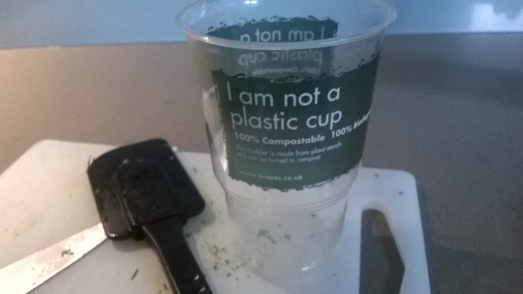 toothbush's tweet photo. This cup says it is 100% compostable so going to see how long it takes in the compost! #biopac #moreofthese #gyo https://t.co/NjURxaJ0Za