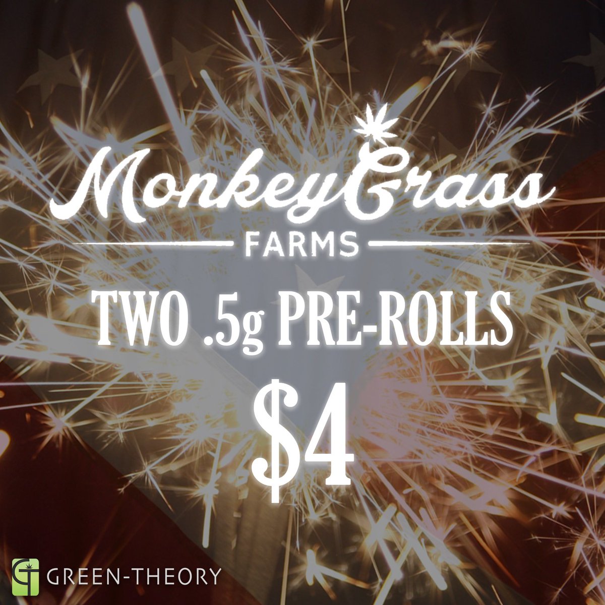 green_theory502's tweet photo. Stop by any of our locations and snag two .5g @monkeygrassfarm pre-rolls for $4! Happy Fourth!
#GreenTheory #MonkeyGrassFarms #Cannabis #THC https://t.co/IBcoXikdgb