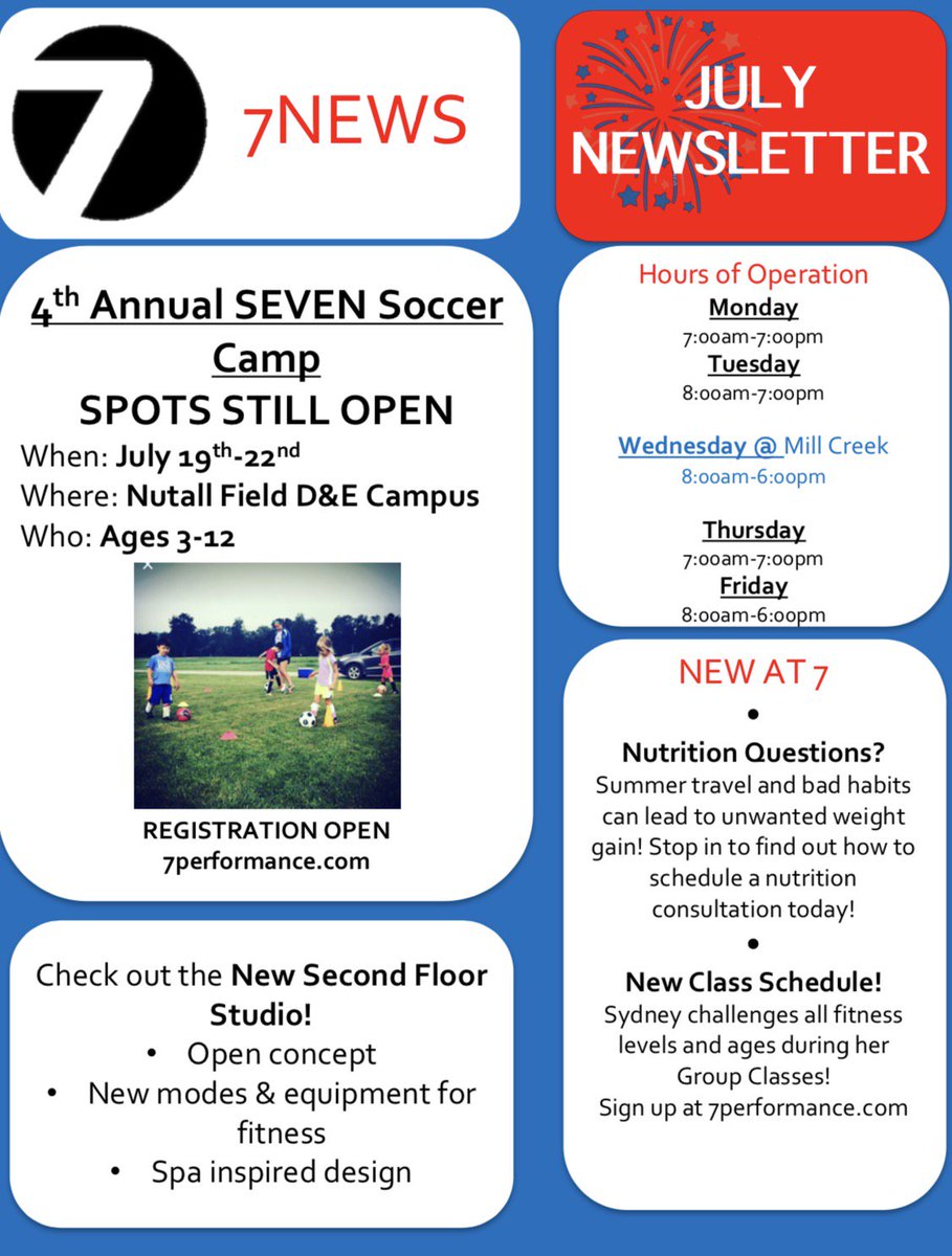 7Performance's tweet photo. HAPPY 4th of July! 
CHECK OUT WHAT’S GOING ON AT SEVEN! 
Soccer Camp! JULY 19th
Sign up today! https://t.co/Lic55wGOXP