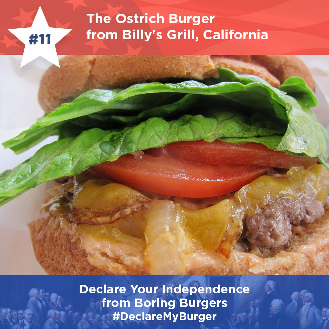 #11 in our #FourthOfJuly Burger Countdown: this ostrich burger served w/ grilled onions, pickles, sweet-hot mustard &amp; pepper jack cheese.