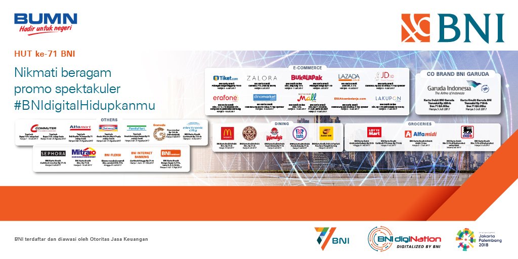BNI's tweet photo. Nikmati berbagai promo spektakuler di Hari Ulang Tahun BNI ke-71 #BNIdigitalHidupkanmu. Info: https://t.co/T6h7SIvFNj https://t.co/eRPbIv1uaW