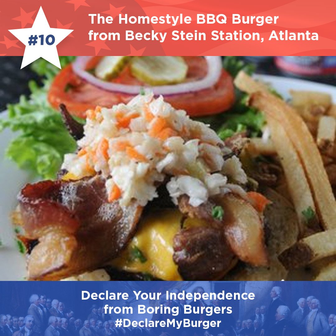 An 8oz beef #burger is slow-cooked in a homemade bbq sauce, then topped with cheddar cheese, bacon &amp; cole slaw. ==>goo.gl/LW5bah