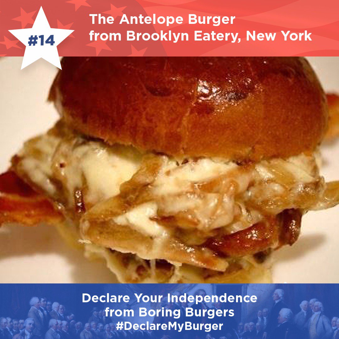 From Brooklyn Eatery in New York, this local favorite is comprised of Texas antelope, cheese &amp; bacon on a brioche bun. #DeclareMyBurger
