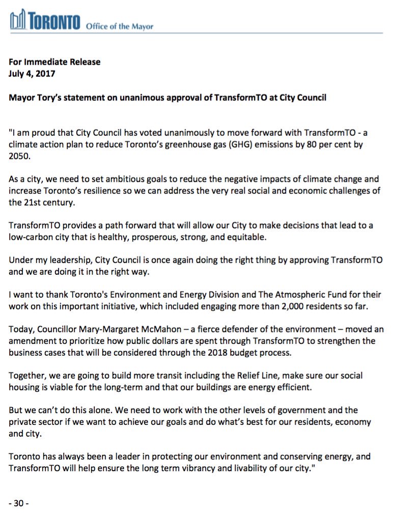 JohnTory's tweet photo. I am proud that Council has unanimously voted to move forward with TransformTO - a plan to reduce Toronto’s GHG emissions by 80% by 2050. https://t.co/kTmHSOZJ3b
