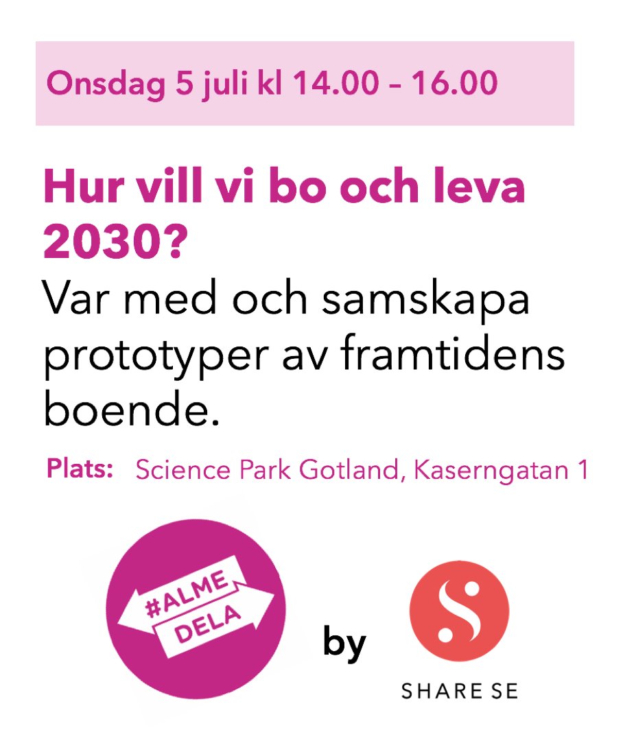 share_SE's tweet photo. Hur vill vi bo och leva 2030? Vi samskapar prototyper m #AlmeDela kl 14-16 idag i #Almedalen under ledning av @Sinna_tagg fr @UsifyAB #bopol https://t.co/Pe7hXxxgJ6