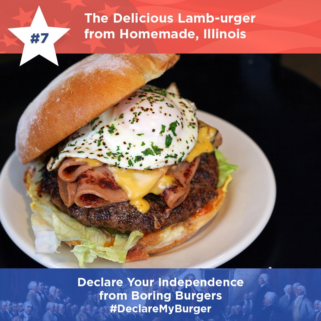 #7 in our #FourthOfJuly Burger Countdown: this delicious lamb-urger. A quarter-pound lamb patty topped w/ deli-sliced ham &amp; cheddar cheese.