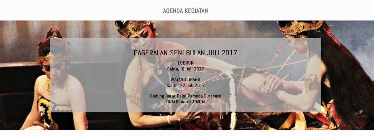 Pagelaran Ludruk
Sabtu, 8 Juli 2017
pukul 19.00 WIB

di <a href="/BalaiPemuda/">Gedung Balai Pemuda</a> 
Jl. Gubernur Suryo no.15 Sby

GRATIS
