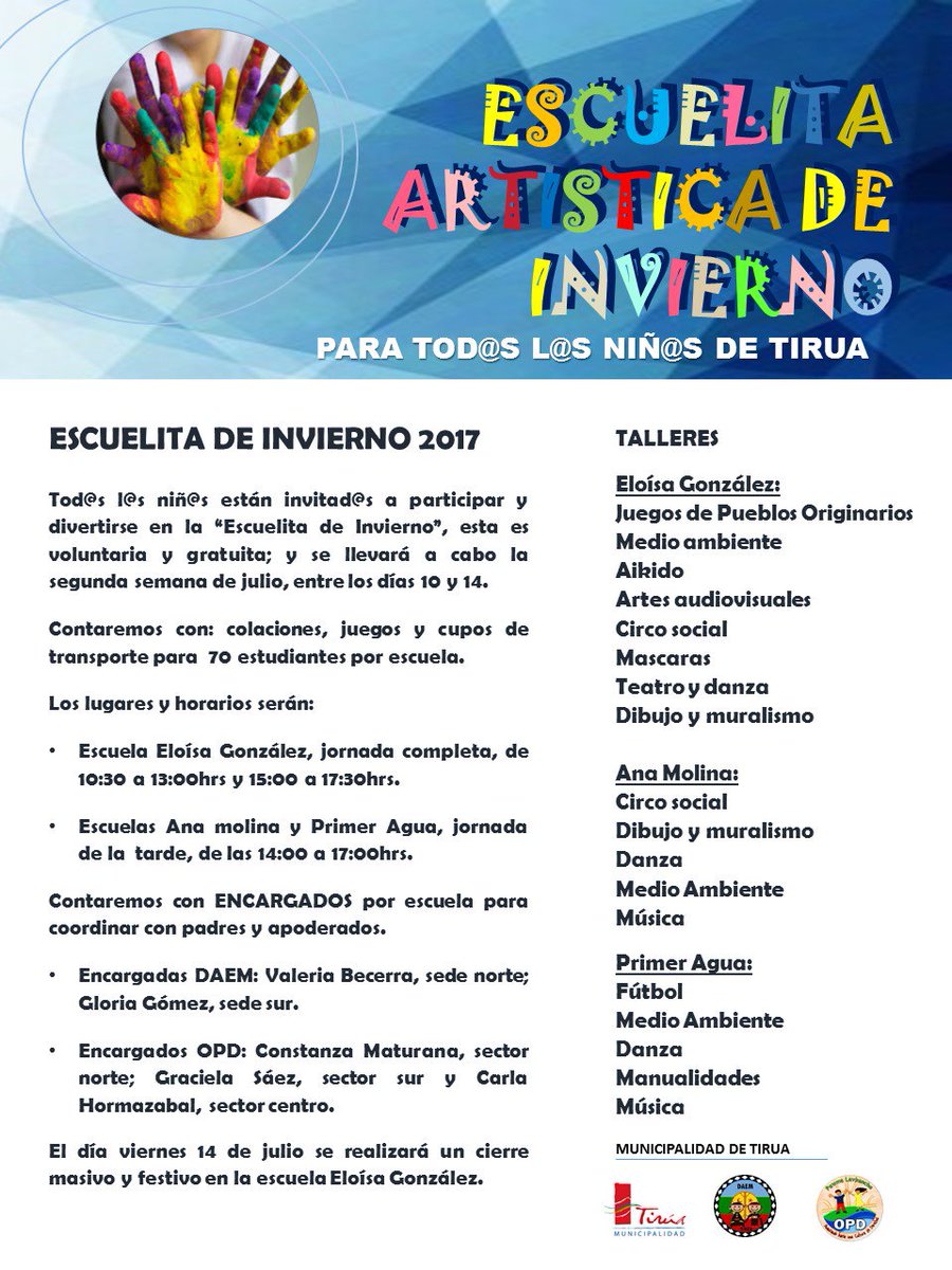 MuniTirua's tweet photo. MUNICIPALIDAD DE TIRUA PREPARA “ESCUELITA ARTISTICA DE INVIERNO” https://t.co/ZJ9usb7HFT https://t.co/c59gaQtQNR