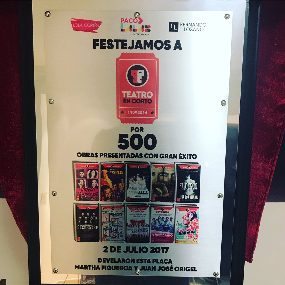 patty_vip's tweet photo. Woow! Que emocion ver a @ComotevaTC en la placa x 500 obras de @TeatroEnCorto 
@albertocollado_ Gracias por llenarnos el alma cada función!! https://t.co/7EpMMmLnLc
