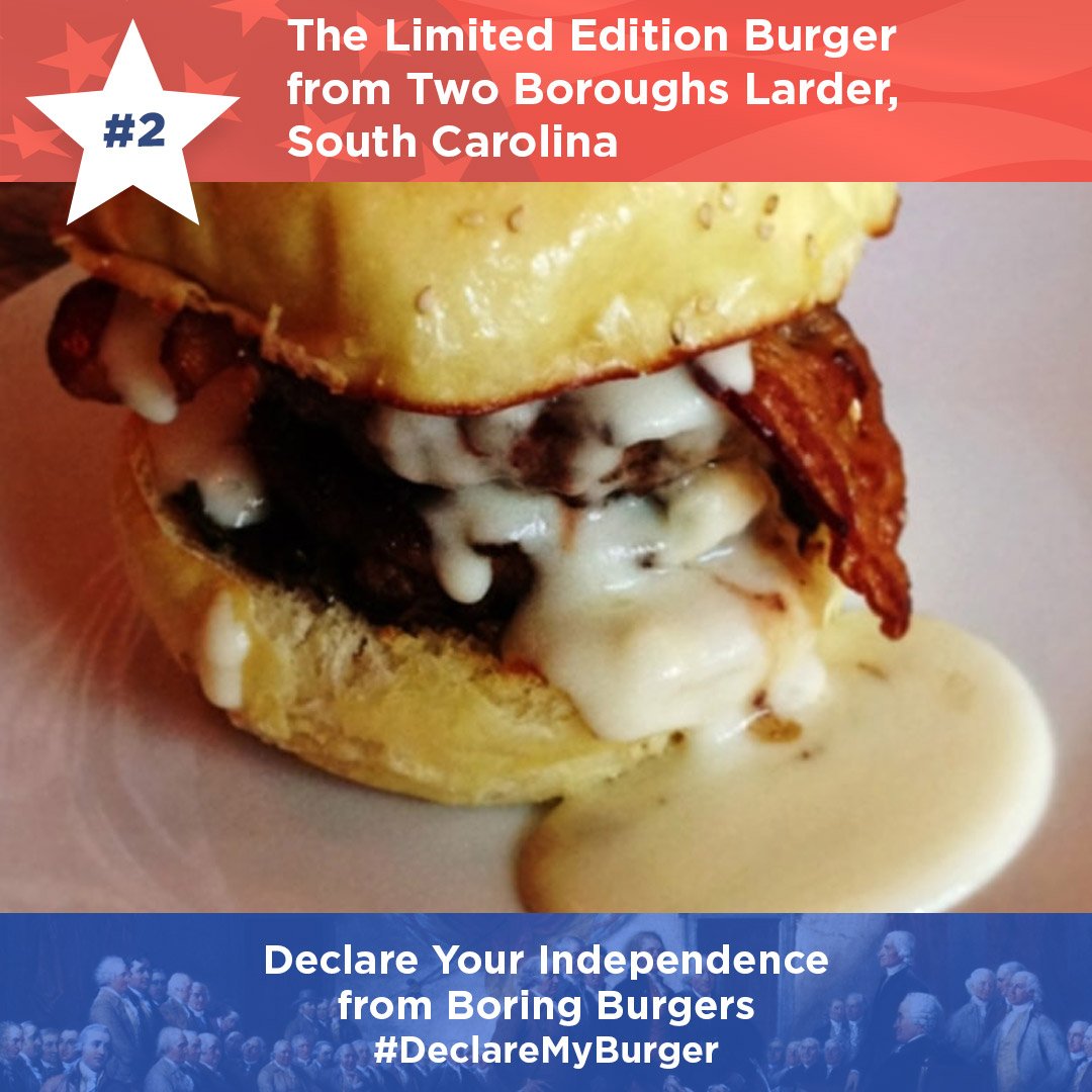 Runner-up: this southern #burger topped w/ slices of #bacon, Mornay cheese sauce, kale-kimchi &amp; served on an artisanal bun. #DelcareMyBurger